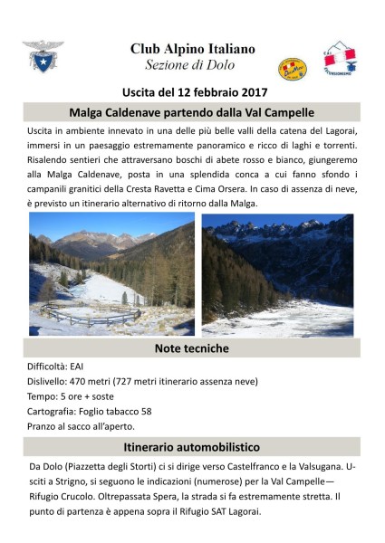 Escursione del 12.02.17 - Malga Caldenave dalla Val Campelle