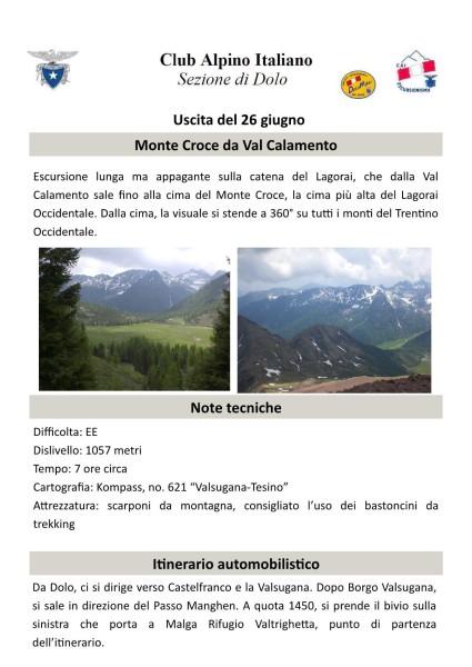 Monte Croce da Val Calamento - Uscita del 26/06/2016